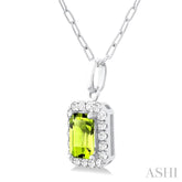 6x4 MM Octagonal Shape Peridot and 1/6 Ctw Round Cut Diamond Halo Semi-Precious Pendant with Chain in 14K White Gold